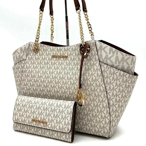 Michael Kors Large Jet Set Travel Chain Shoulder Bag & Trifold Wallet Vanilla - Picture 1 of 14